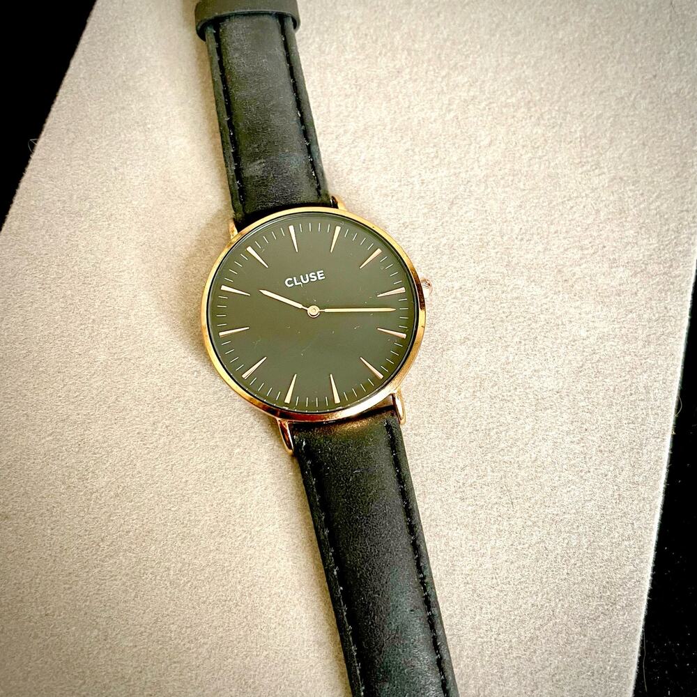 Cluse Minuit Womens Black Rose Gold Tone Leather Strap Watch